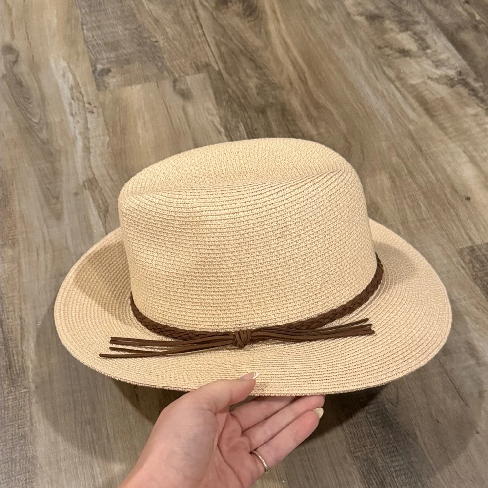 Women’s Cream Straw Fedora Hat with Brown Braided Band